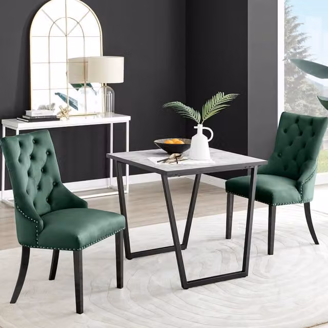 FurnitureboxUK Carson White Marble Effect Square Dining Table and 2 Belgravia Black Leg Chairs in Green