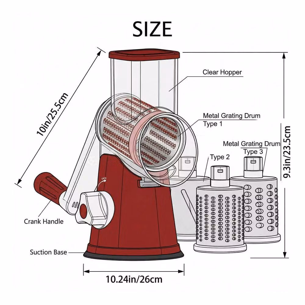 Dragodirect 3 in 1 Rotary Cheese Grater and Shredder with Handle, Red – 2