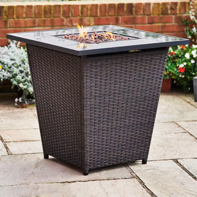 Teamson Home Modern Brown Rattan Outdoor Propane Gas Fire Pit Tall Table with Lava Rocks and Cover