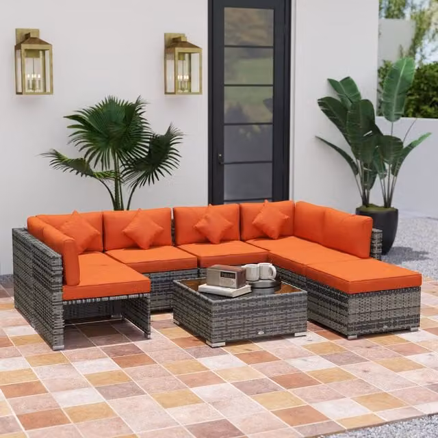 OUTSUNNY 8 Piece Rattan Patio Sofa Set with Orange Upholstered Cushions and Metal Frame – 1