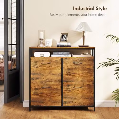 HOMCOM Industrial Shoe Cabinet with Tilting Compartments and Open Shelf, Brown and Black – 5