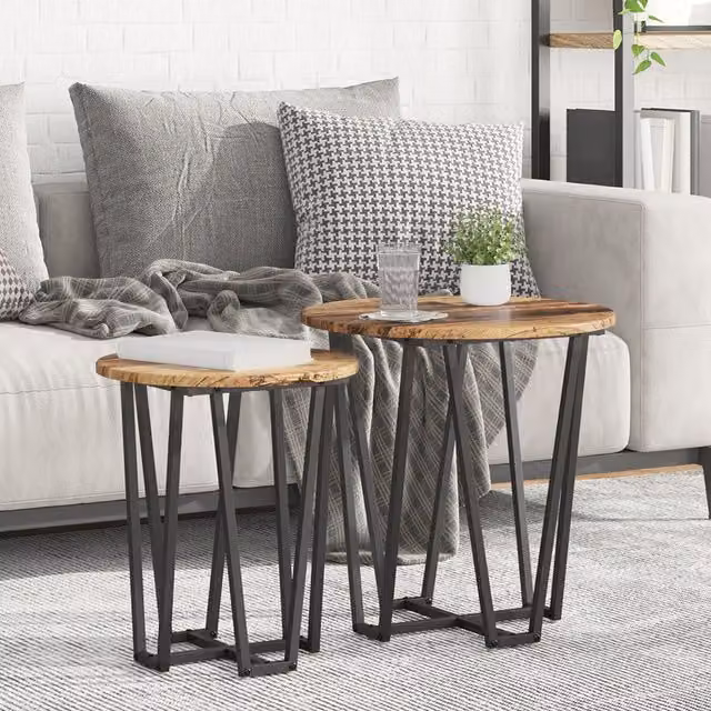 Berkfield Home Industrial Round Side Table Set of 2 in Brown Wood and Metal