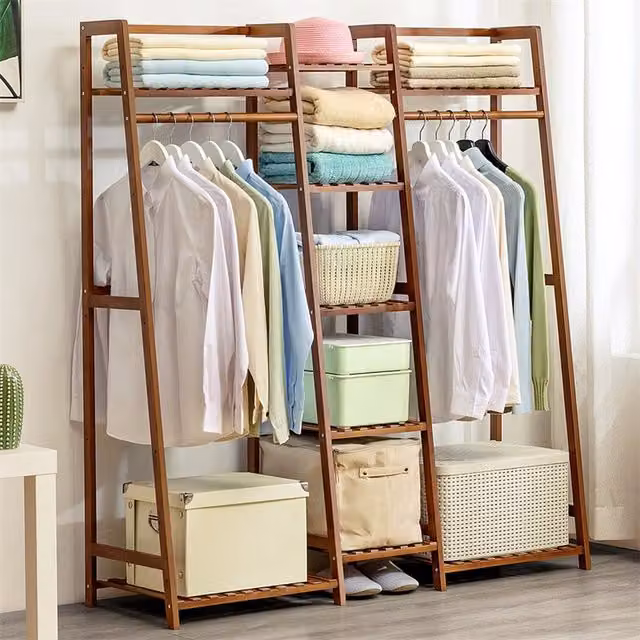 Livingandhome Bamboo Multi-Functional Clothes Rack with 5-Tier Storage Shelves in Brown