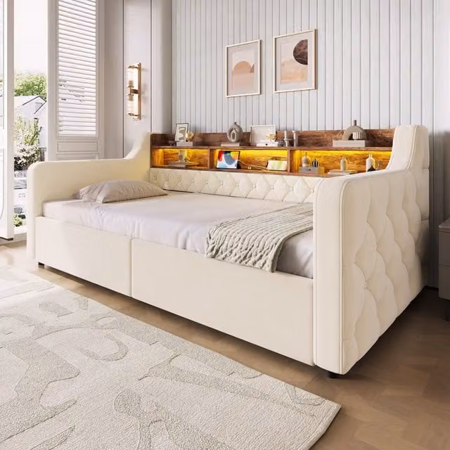 Aosom UK Beige Velvet Single Upholstered Platform Bed Frame with 2 Drawers and USB/Type-C Ports, W/D/H: 107 x 200 x 80 cm – 1