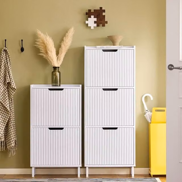 SoBuy Modern Slim White Matt Shoe Cabinet with Tilting Compartments and Internal Shelves