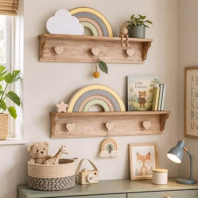 Marco Paul 2 Pack of Multicolour Baby Rainbow Wall Mounted Shelves with Hooks, W: 40 cm, D: 30 cm