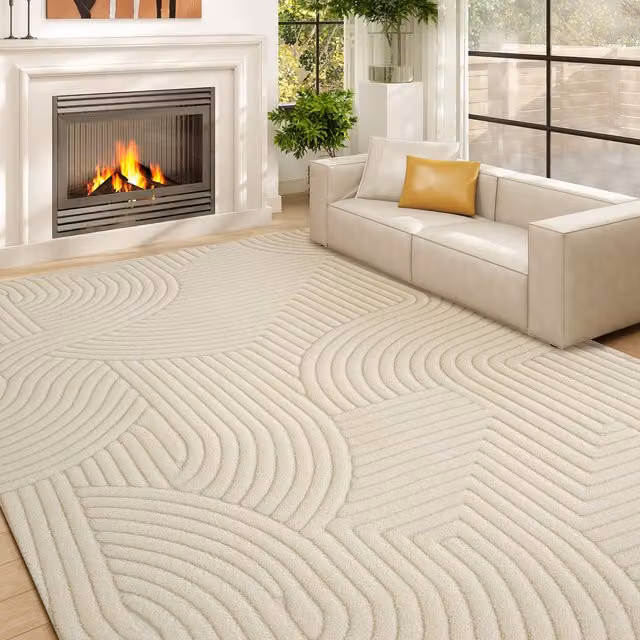 HOMCOM Modern Geometric Non-Slip Plush Rectangular Rug in Beige and White, Width: 160 cm