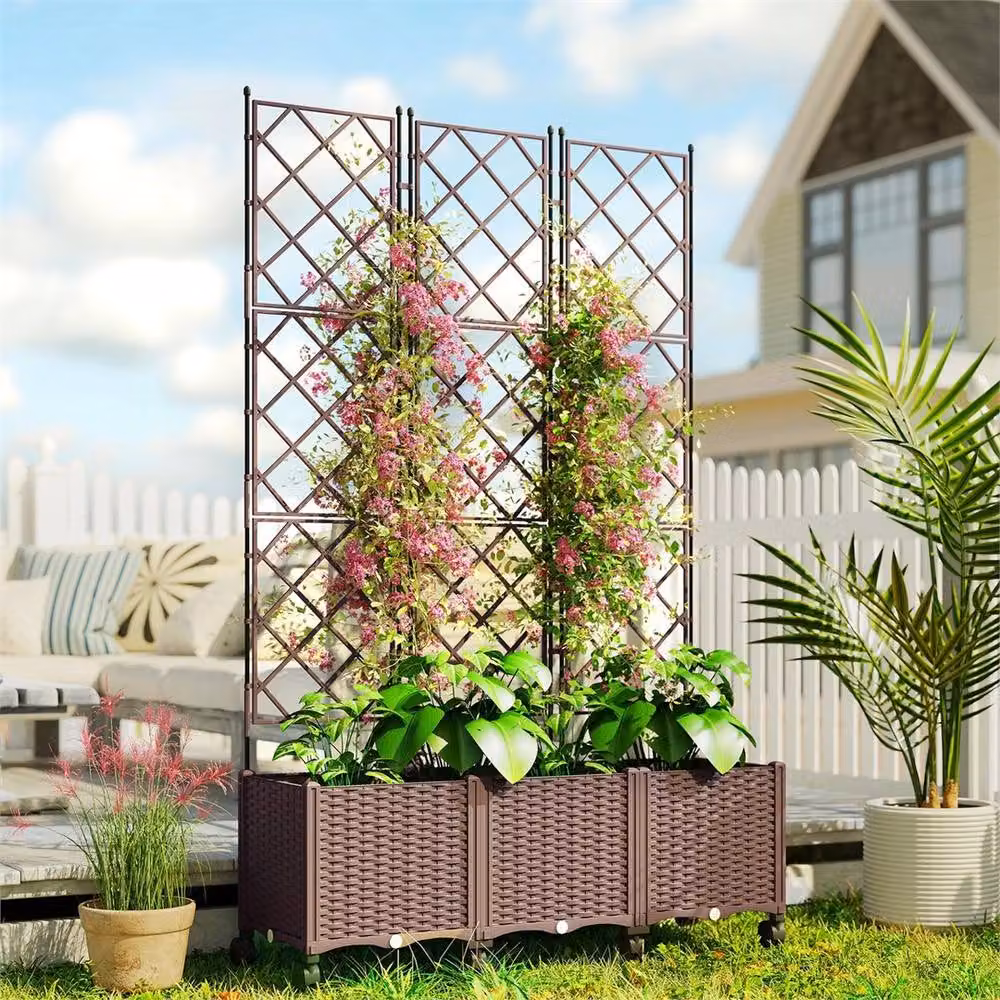KORVIXA Brown Raised Garden Bed with Trellis made of Plastic WPC – 3