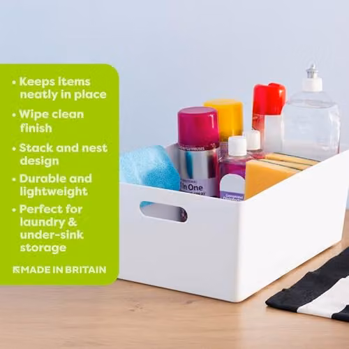 Wham Studio Rectangular Plastic Storage Baskets with Handles, White, 11.5L – 3