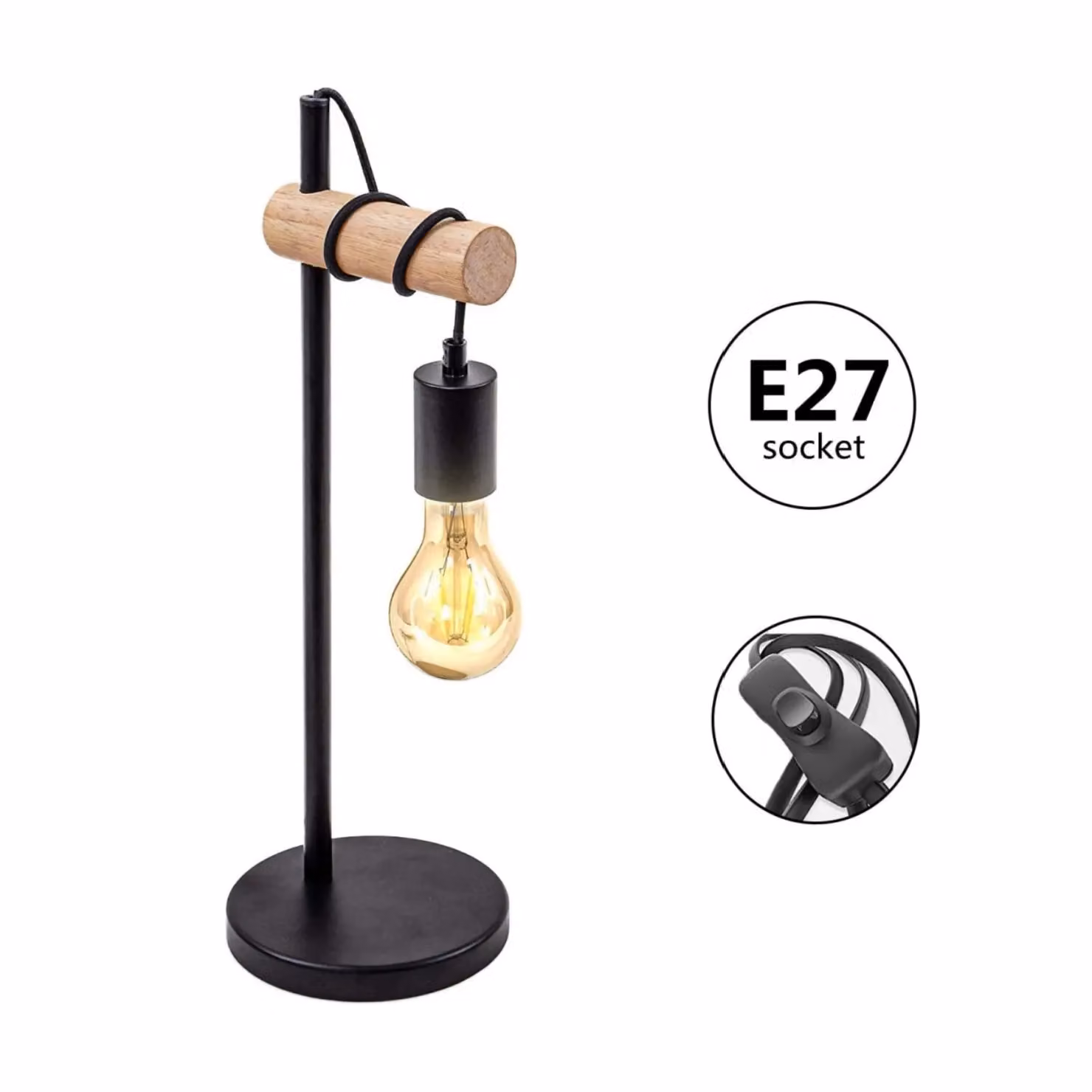 COMELY Retro Table Lamp in Black with Wood and Metal Accents, E27 Socket, 10W Max, Rotary Switch – 3