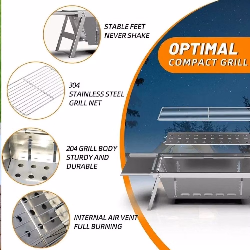 FLAVORA Folding Stainless Steel Charcoal Barbecue Tabletop Grill in Silver – 3