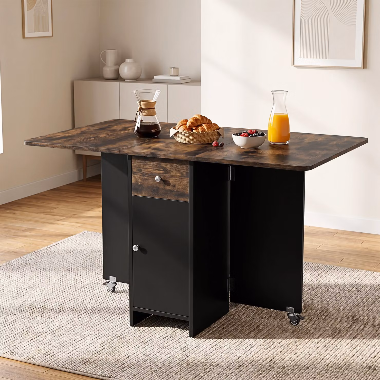 DHS Rustic Drop Leaf Dining Table with Storage in Brown and White, W/D/H: 120 x 65 x 75 cm