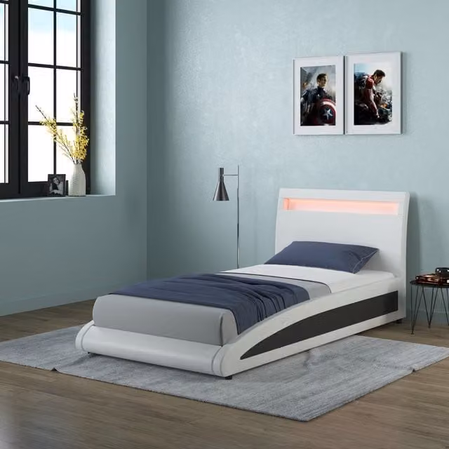 SlumberWorx Modern Upholstered Faux Leather Bed Frame in White/Multicolour, W/D/H: 100 x 200 cm