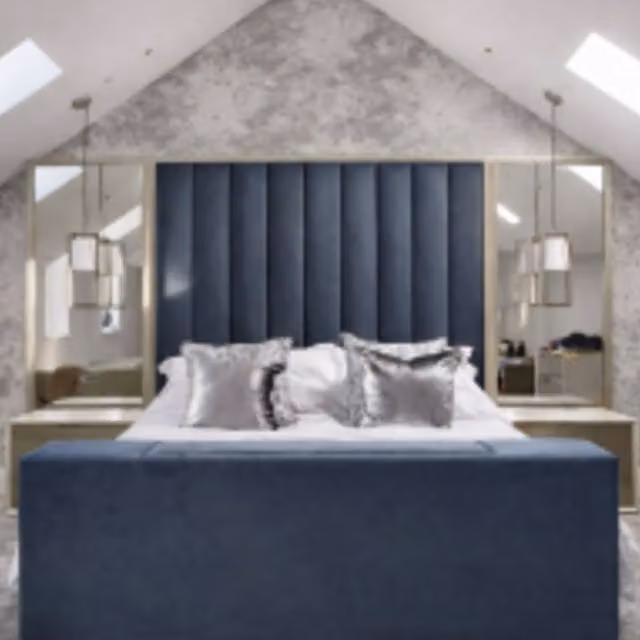 HOB Furniture Janie Linear Design Blue Velvet Upholstered King Size TV Bed with Mirrored Headboard