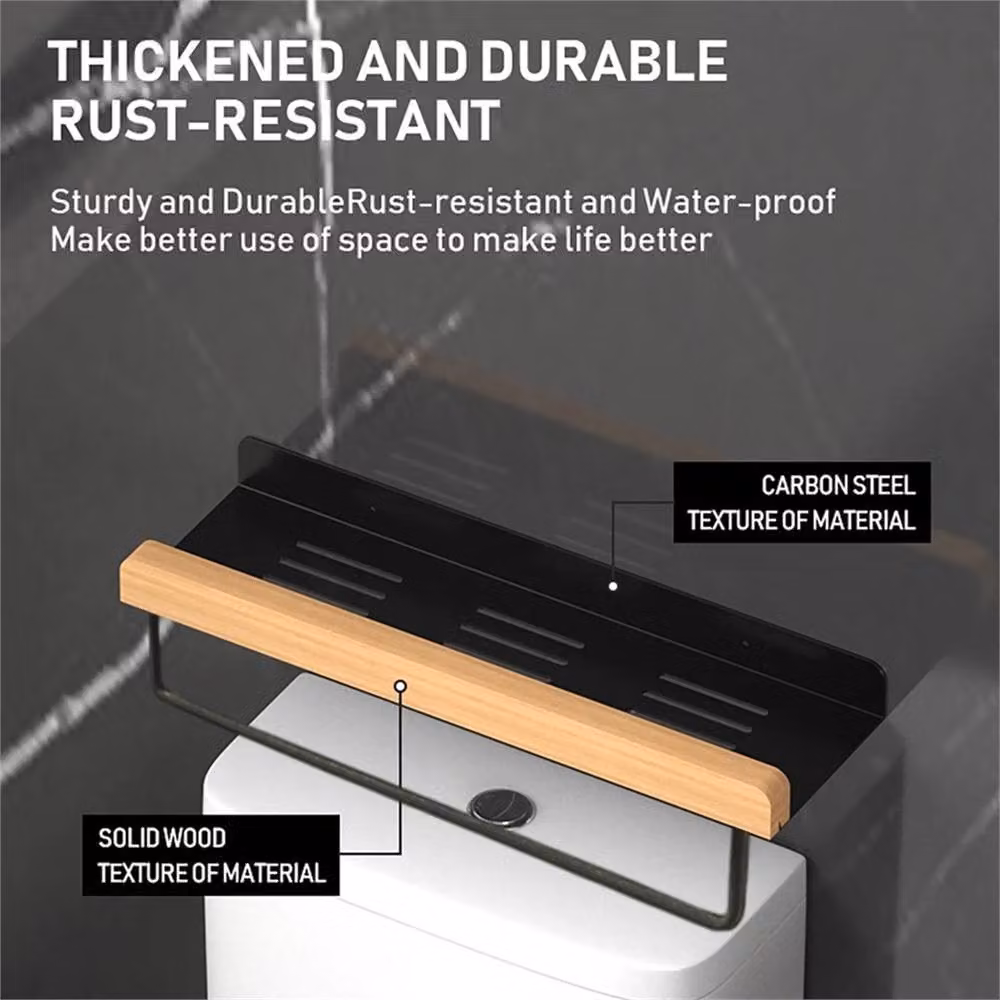 VOGREX 2-Pack Wall Mounted Bathroom and Kitchen Organiser Racks in Black Matt Wood and Metal – 4