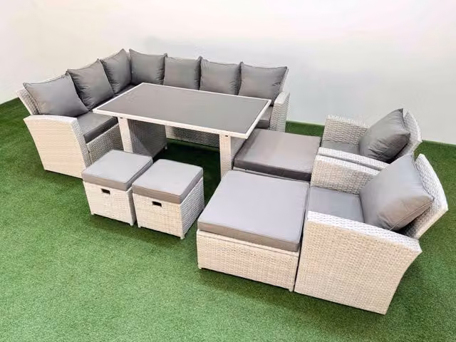 Fimous 12 Seater Wicker Rattan Corner Sofa Set with 4 Footstools in Light Grey
