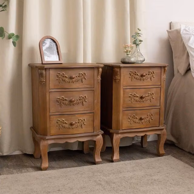 Melody Maison Pays Du Bois Range Pair of Brown Wooden 3 Drawer Bedside Tables – 1