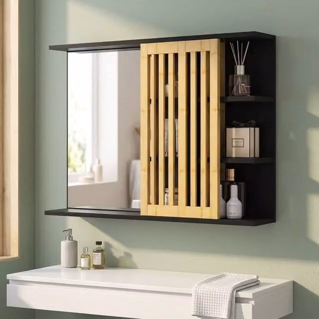 STILVORA Black Wall Mounted Bathroom Mirror with Bamboo Shelves