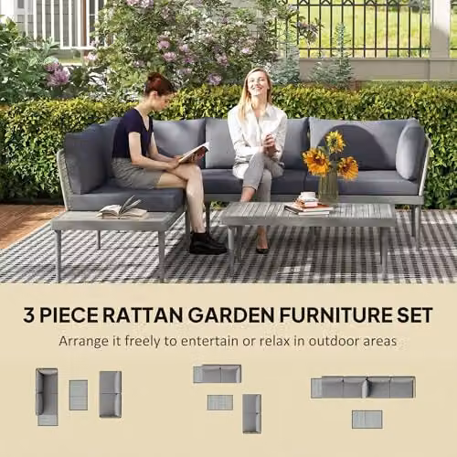 Outsunny 3 Piece L Shaped Rattan Garden Furniture Set with Upholstered Cushions, Grey – 3