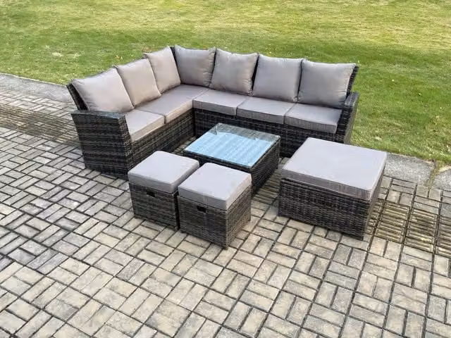 Fimous 9 Seater Rattan Garden Furniture Set in Dark Grey with L-Shape Corner Sofa, Square Coffee Table and 3 Footstools