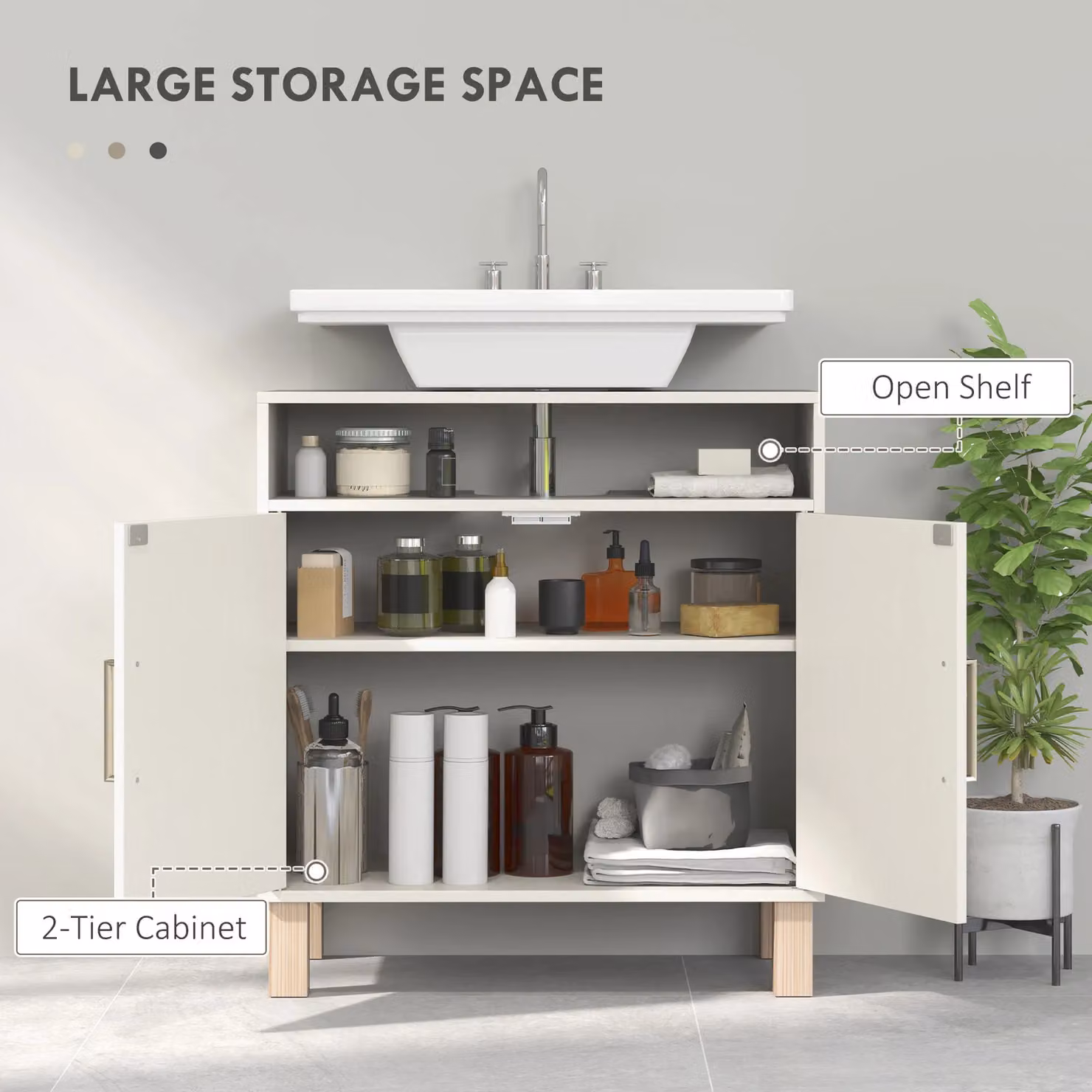 HOMCOM Modern Freestanding Under Sink Bathroom Cabinet with Internal Shelves and Hinged Doors, Cream White – 3