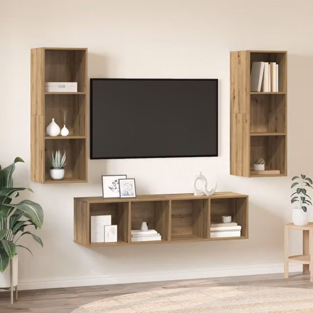 Berkfield Home 3-Piece Artisan Oak TV Cabinet Set with Shelf in Brown, W/D/H: 37 x 37 x 142.5 cm – 1