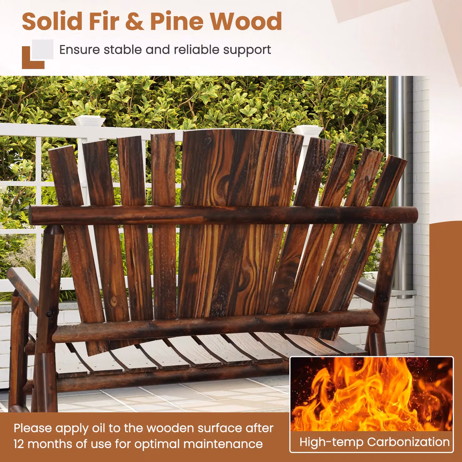 Costway 2-Person Adirondack Rocking Chair Loveseat in Brown Solid Wood for Garden, Balcony or Terrace – 4