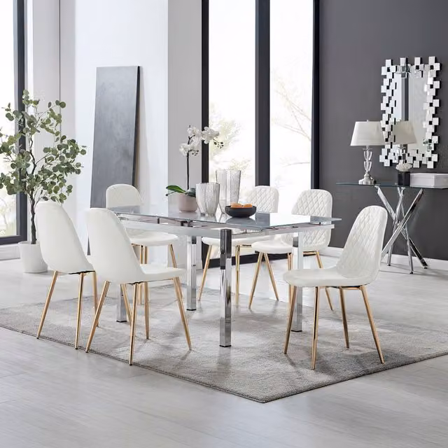 Furniturebox Enna White Glossy Glass Extending Dining Table and 6 Corona Gold Leg Chairs