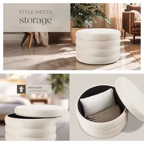 tectake XL Scandi Style Storage Ottoman with Velvet-Look Cover in White/Cream, W/D/H: 42 x 42 x 67 cm – 2