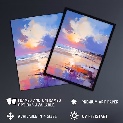 Artery8 Beach Sunrise Abstract Oil Painting Poster Print in Orange, Purple and Blue – 2
