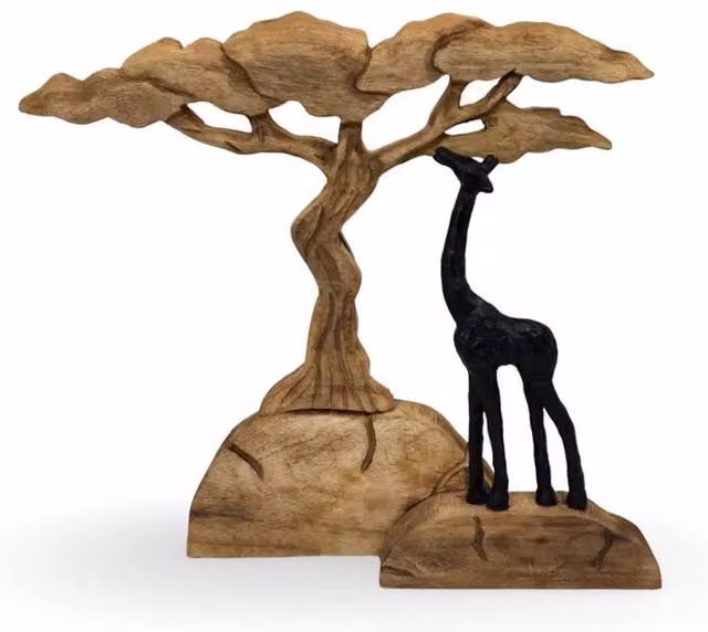 Elm Home And Garden Mango Wood and Polyresin Giraffe Sculpture in Brown and Black, H 50.0 cm x W 43.0 cm x D 8.0 cm – 1