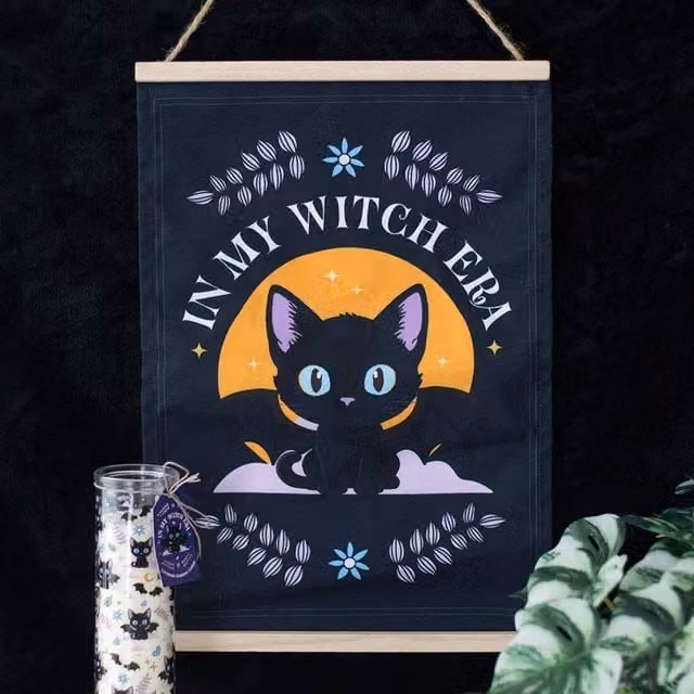 Uniqueful In My Witch Era Bat Cat Fabric Wall Hanging in Black – 1