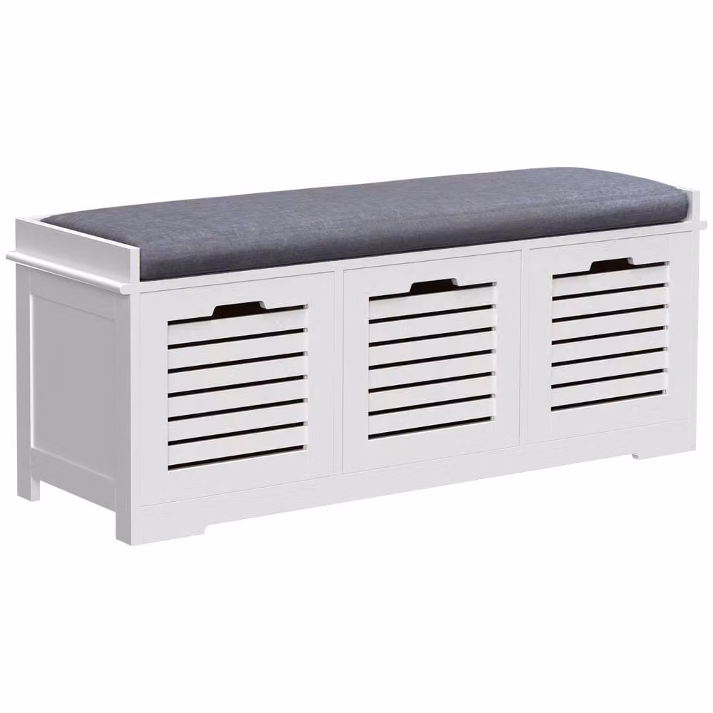 Wyld Haus Vesava White 3 Drawer Slatted Shoe Bench with Grey Padded Seat, W/D/H: 108 x 35 x 43 cm – 2