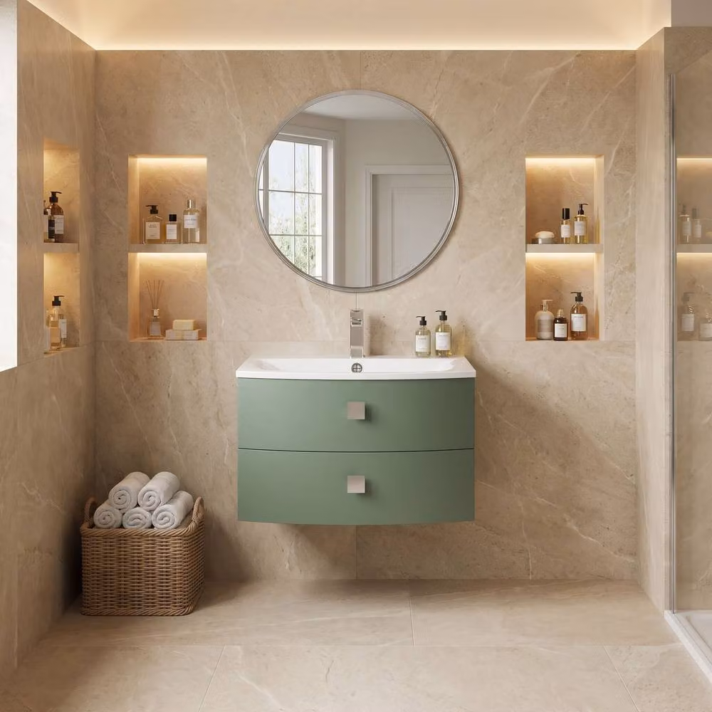 Balterley Gentleshaw Contemporary 2 Drawer Wall Hung Vanity Basin Unit, Green, W: 70 cm, D: 43 cm – 2
