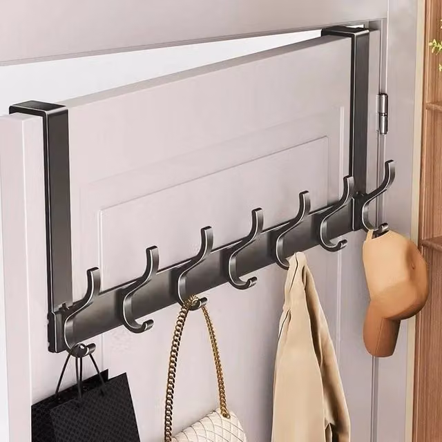 KORVIXA 7 Hook Over The Door Metal Clothes and Coat Hanger in Black, Width: 50 cm