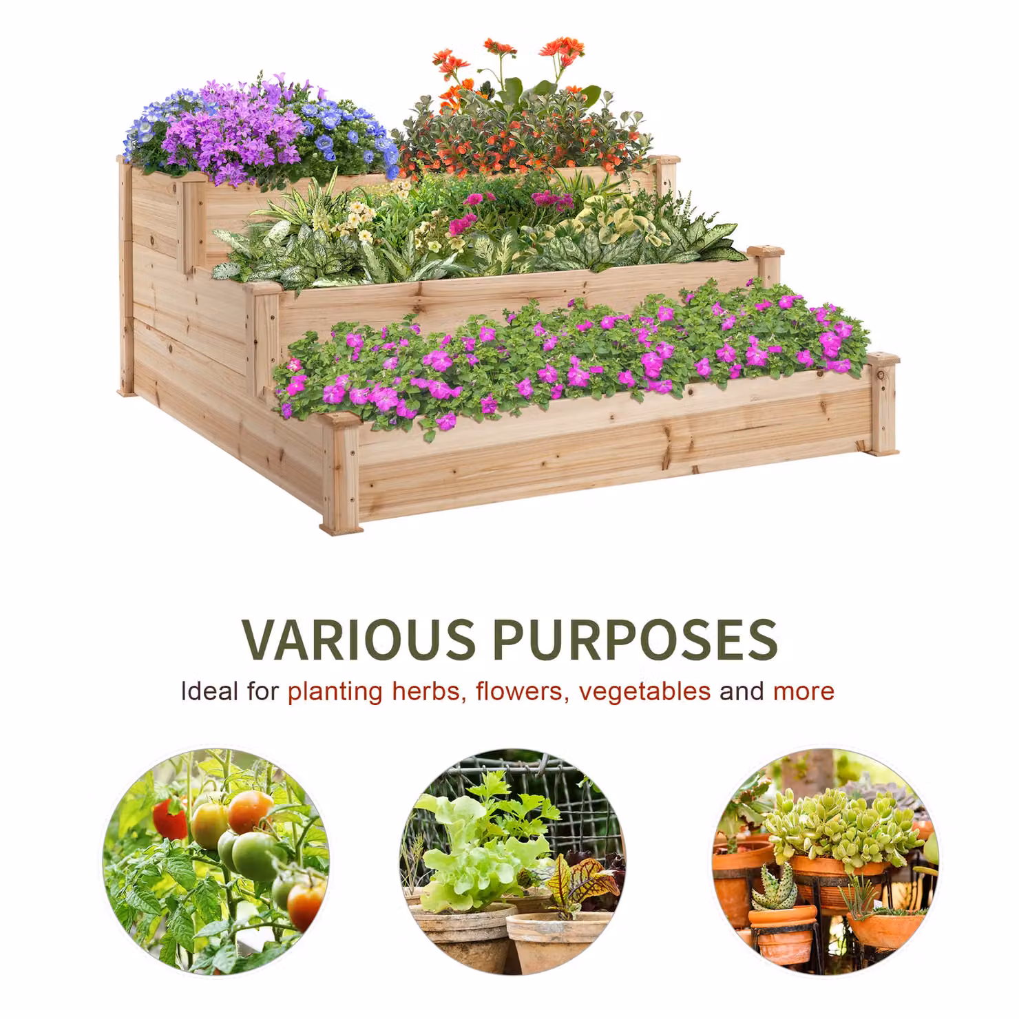 Outsunny 3-Tier Wooden Raised Bed Planter Kit in Beige or Brown, W/D/H: 124 x 124 x 56 cm – 5