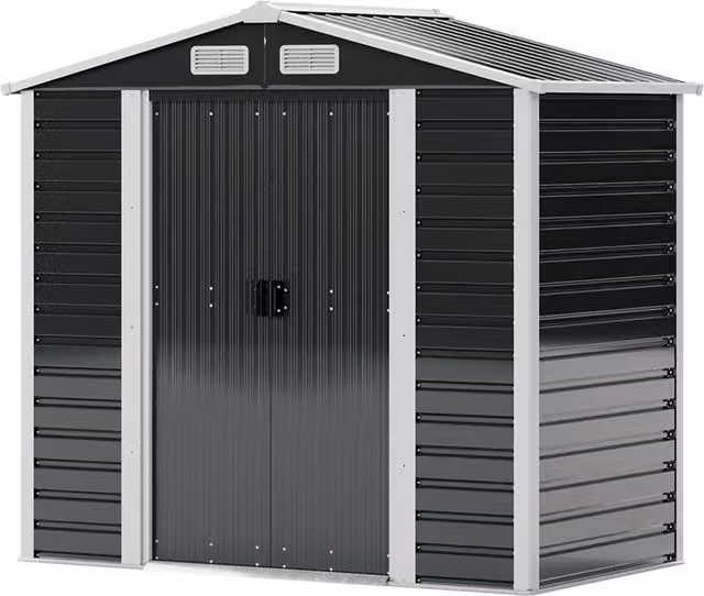 Palram Livingandhome 7x4 Apex Metal Garden Shed with Sliding Gable Doors and Side Vent in Grey