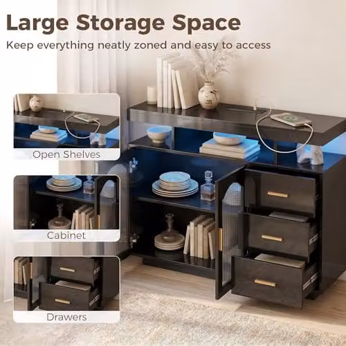 HOMCOM Modern High Gloss Sideboard in Black and Gold with Integrated Lighting and Soft Close Drawers – 4