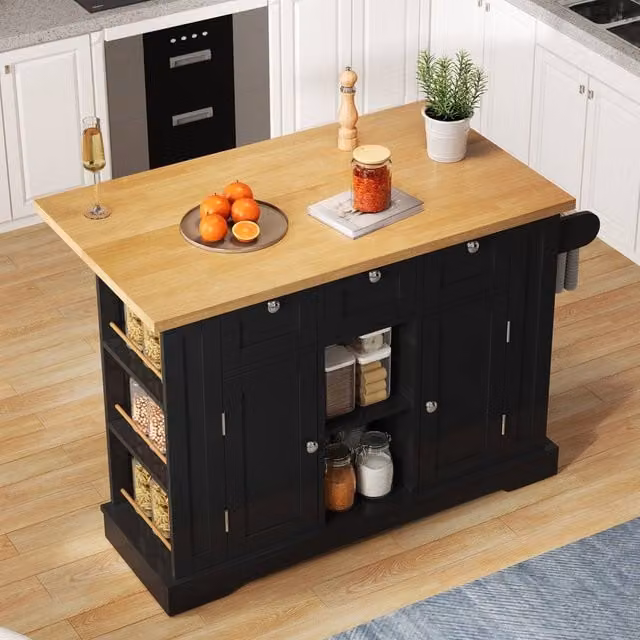 Merax Kitchen Island Trolley with Foldable Top and Socket in Black, W/D/H: 132 x 40 x 120 cm – 1