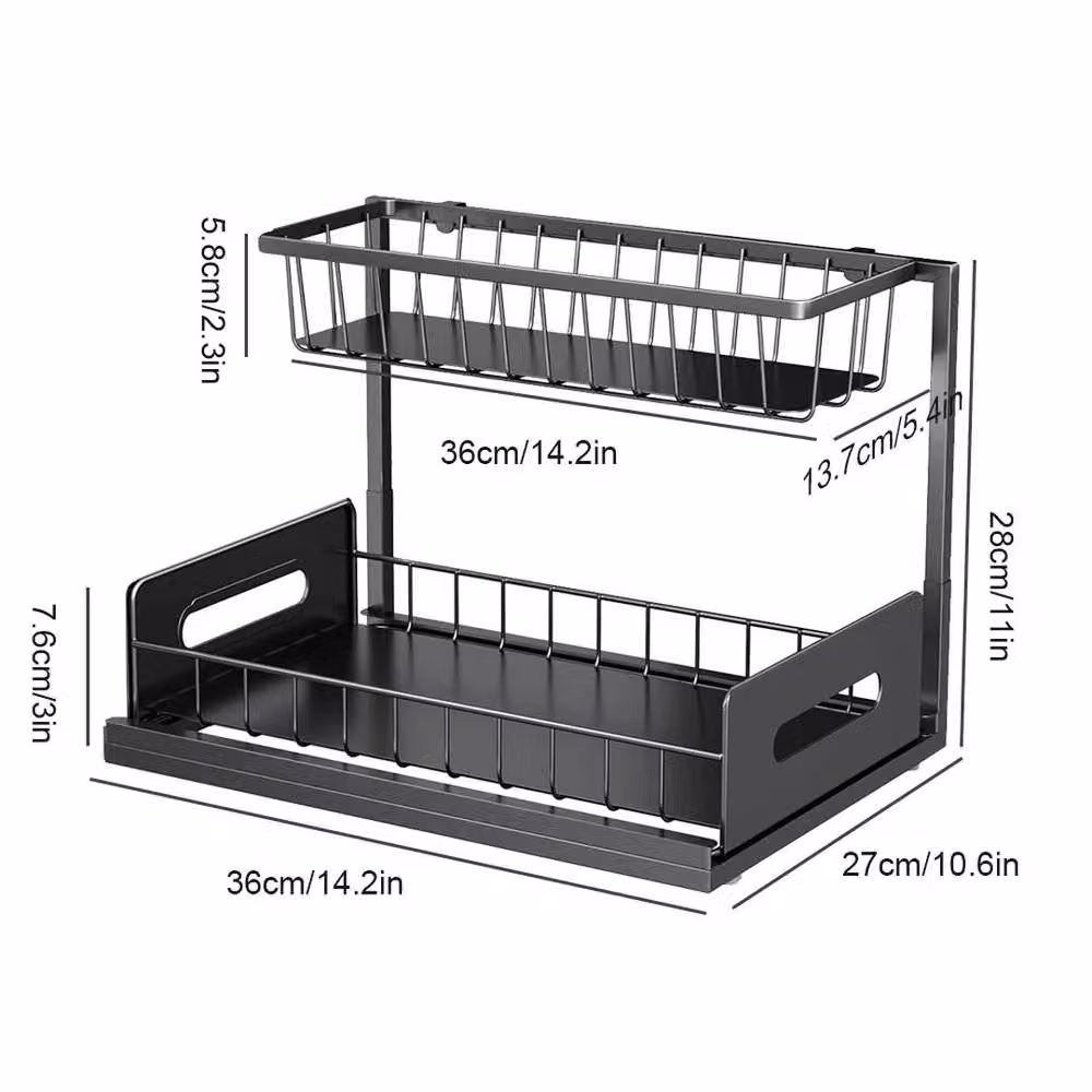 EONLION Black 2 Tier Metal Pull Out Basket Kitchen Under Sink Cupboard Organiser, Width: 100 cm – 2