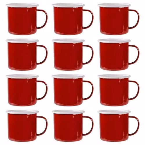 Argon Tableware Enamel Mugs, Red and White, Set of 12, 375ml – 1