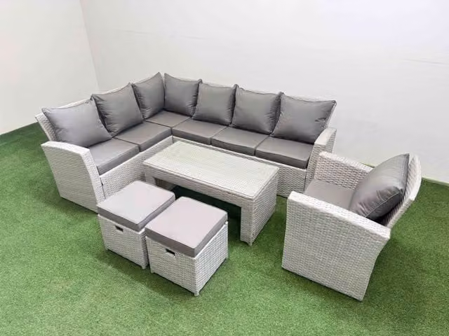 Fimous Outdoor 9 Seater Corner Sofa Set with Chair and 2 Small Stools in Light Grey