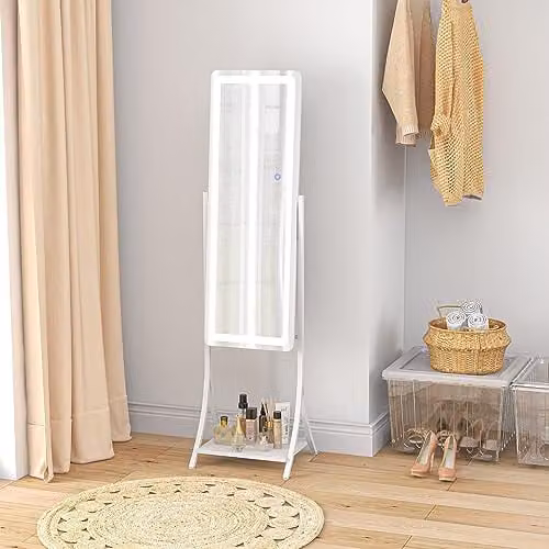 HOMCOM Full Length LED Lighted Dressing Mirror with Storage Shelf and Adjustable Colour Temperature in White – 2