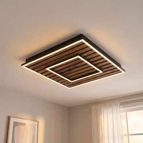 Globo Lighting Netlighting Woody LED Ceiling Light, Black and Wood Look, W/D/H: 45 x 45 x 6 cm, 36 W, 3000 K Warm White, Modern Square Design – 2