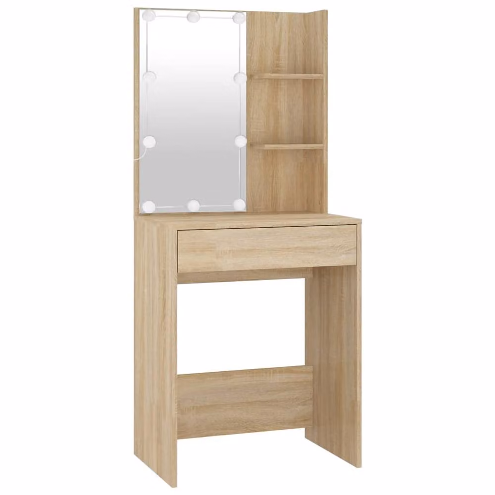 Berkfield Home LED Hollywood Dressing Table with 2 Cabinets in Sonoma Oak Light Brown, W/D/H: 140 x 40 x 60 cm – 3