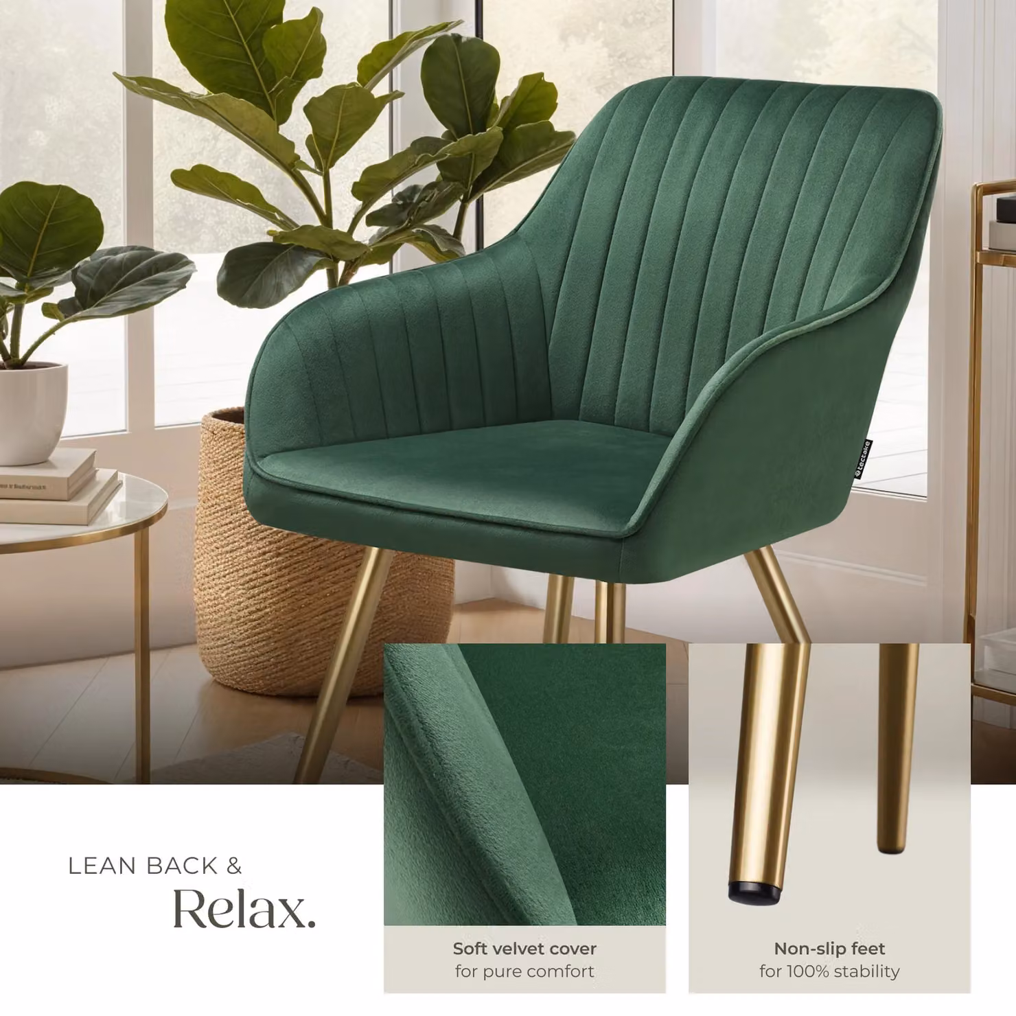 tectake Marilyn Set of 6 Modern Velvet Dining Chairs in Dark Green and Gold – 4