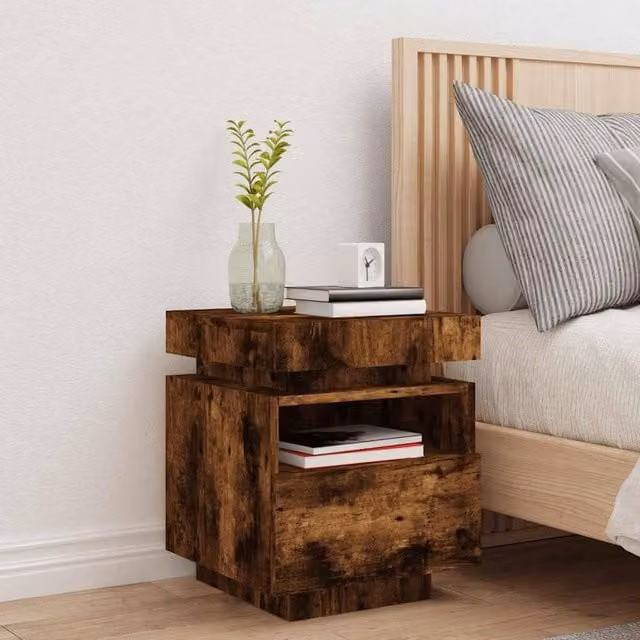Berkfield Home Decorative Bedside Cabinet with Integrated LED Lights, Smoked Oak, Brown, W: 40 cm, D: 39 cm, H: 48.5 cm