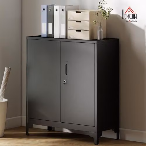 HOMCOM Lockable Metal Filing Cabinet with 2-Tier Storage and Hinged Doors, Black, W: 80 cm, D: 35 cm, H: 91 cm – 2