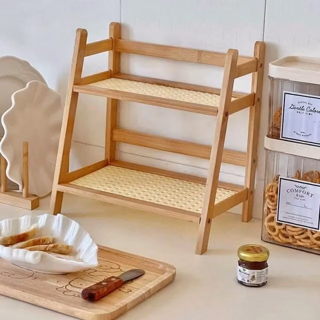 PAWNORA 2 Layer Wood Countertop Organizer in Sand and Brown, W/D/H: 28.5 x 17.0 x 27.0 cm