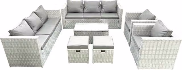 Fimous Outdoor Rattan Garden Furniture Set in Light Grey with Armchairs, Coffee Table and Ottomans